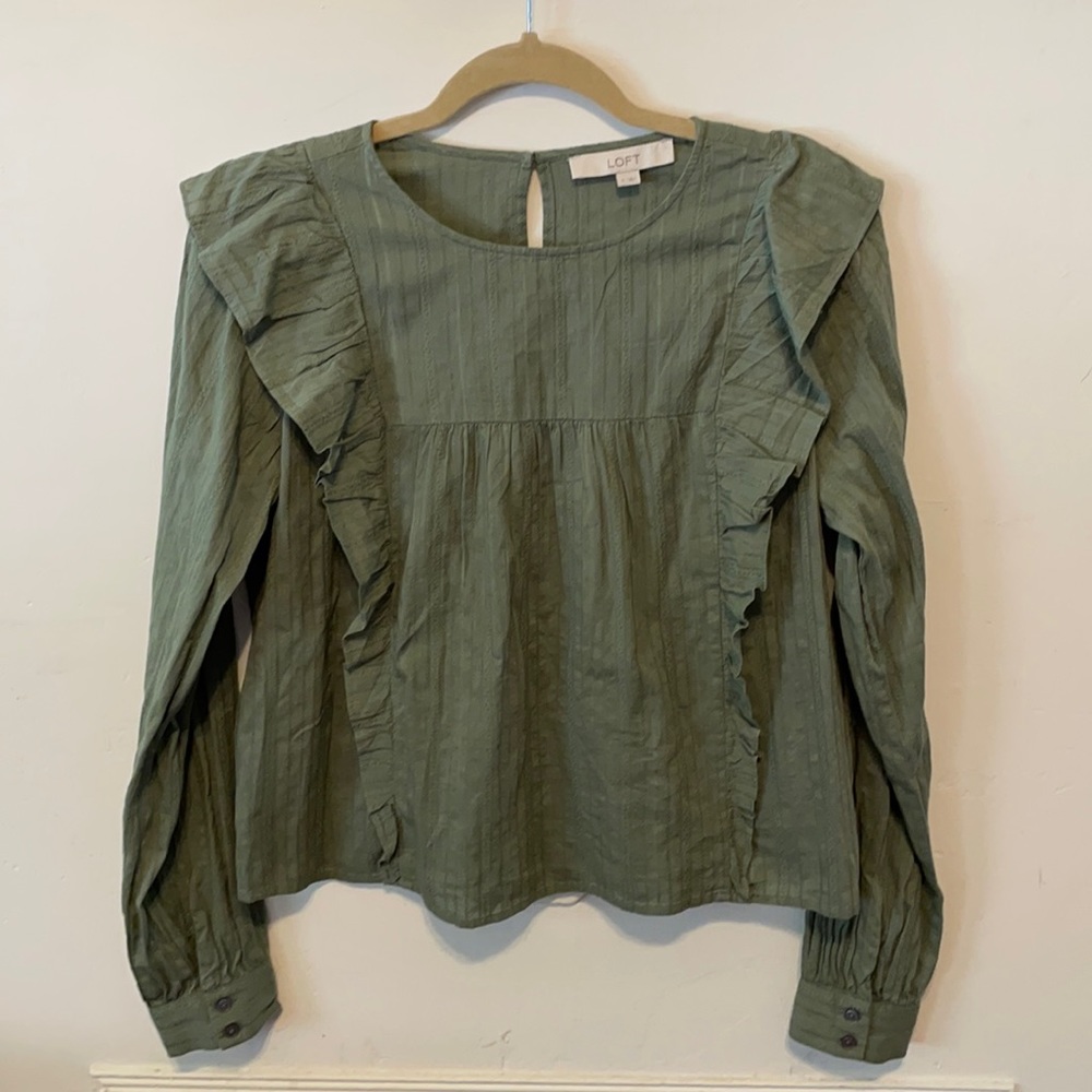 Loft Dark Sage Green Ruffle Blouse NEW